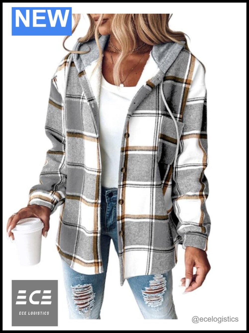 CHICME Plaid Hooded Fleece Lined Shacket Button Down Fall Winter